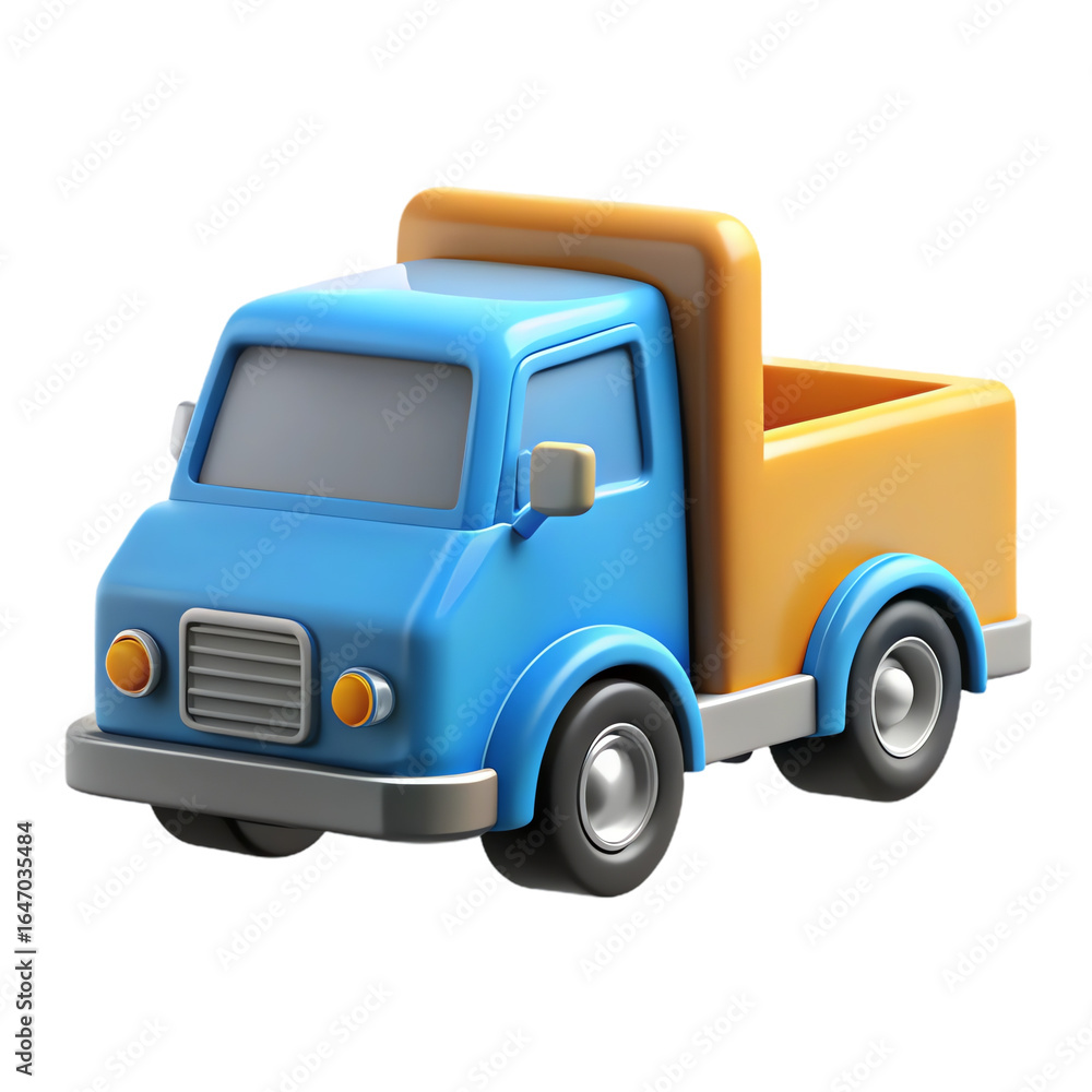 Fototapeta premium Cute blue and yellow toy pickup truck isolated on transparent background