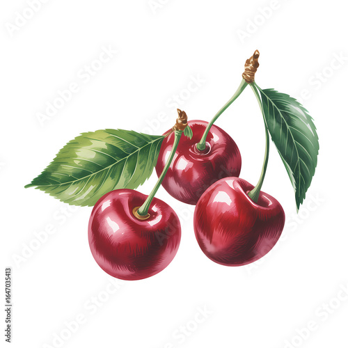 Watercolor Red Cherries with Leaves