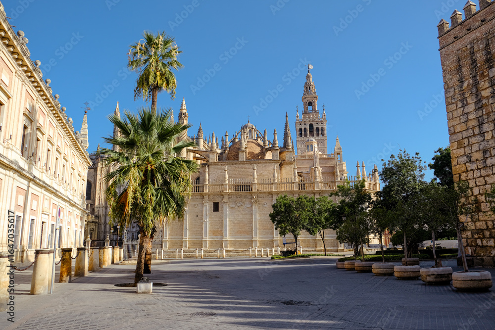 Fototapeta premium Seville Cathedral and Giralda Tower during Beautiful Sunny Day in Seville, Spain