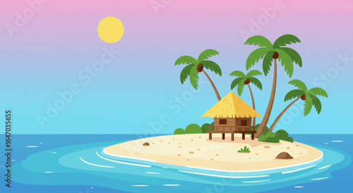Tropical Island Paradise with Beach Hut and Palm Trees