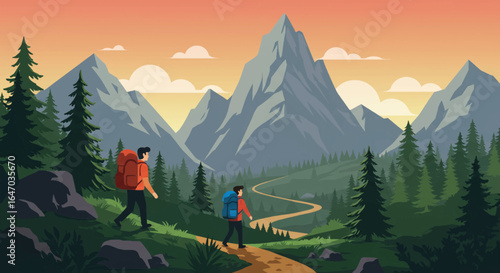 Two Hikers Trekking Through a Mountainous Forest Landscape