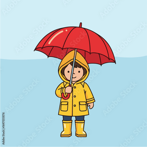 Cartoon illustration of a young child wearing a yellow raincoat and boots, holding a red umbrella against a light blue background.
