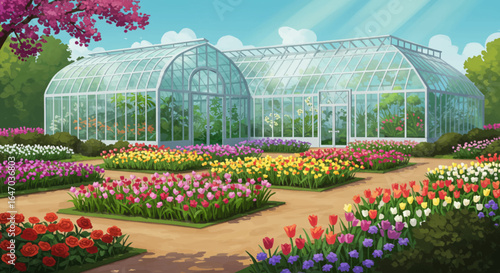 Vibrant Greenhouse Garden with Blooming Flowers