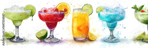 Watercolor Illustration of Colorful Cocktails
