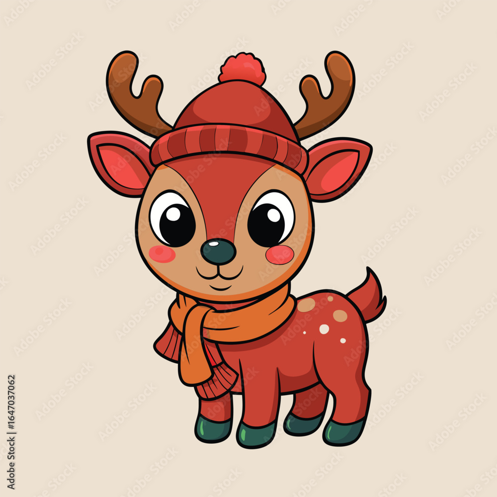 Adorable Cartoon Reindeer with Festive Hat and Scarf Ready for Winter Holidays Adorable Cartoon Reindeer with Festive Hat and Scarf Ready for Winter Holidays
