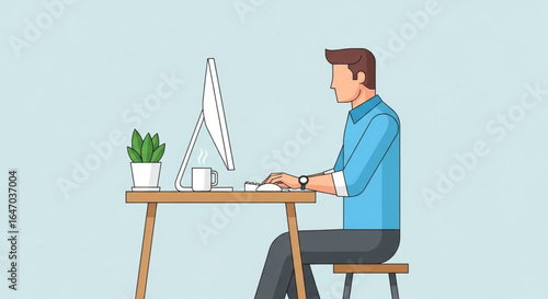 Man Working at Computer Desk, Modern Minimalist Illustration