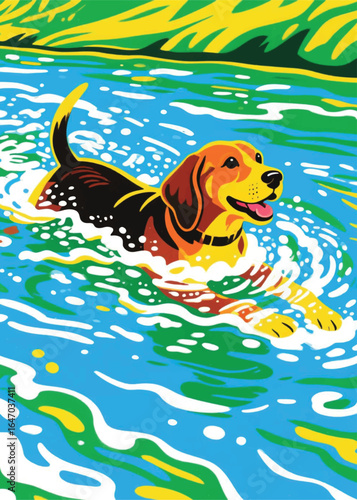 funny dog swimming in the river Illustrator Artwork design template poster