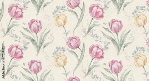 Watercolor Tulip Floral Pattern on Cream Background.