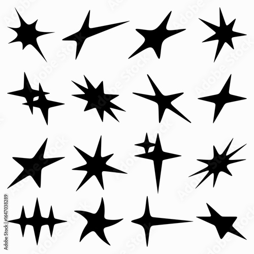 Black abstract star shapes set on white background