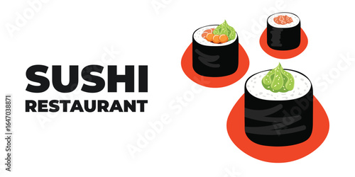 Vector illustrated advertising web and desktop banner with Japanese cuisine, traditional Asian food including sushi and rolls, perfect for Asian restaurant branding, menu design, and promotional