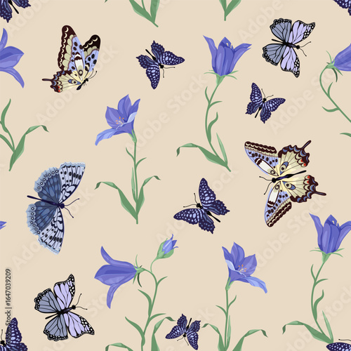 Seamless vector illustration featuring field bells and butterflies, perfect for decorating textiles and packaging.