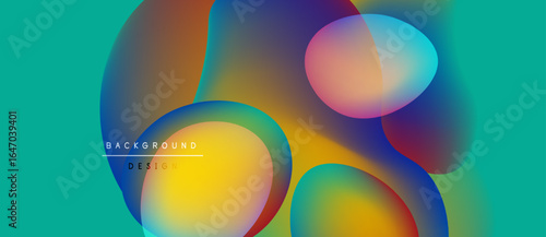 Abstract colorful shapes overlap, creating vibrant gradients. Turquoise background complements warm tones. Design elements suggest fluidity, motion.