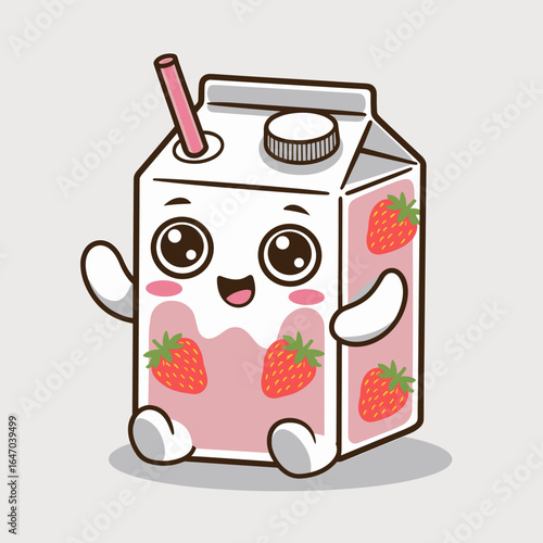 Kawaii strawberry milk carton with large eyes and pink straw – Great for product packaging, food illustrations, or digital stickers.