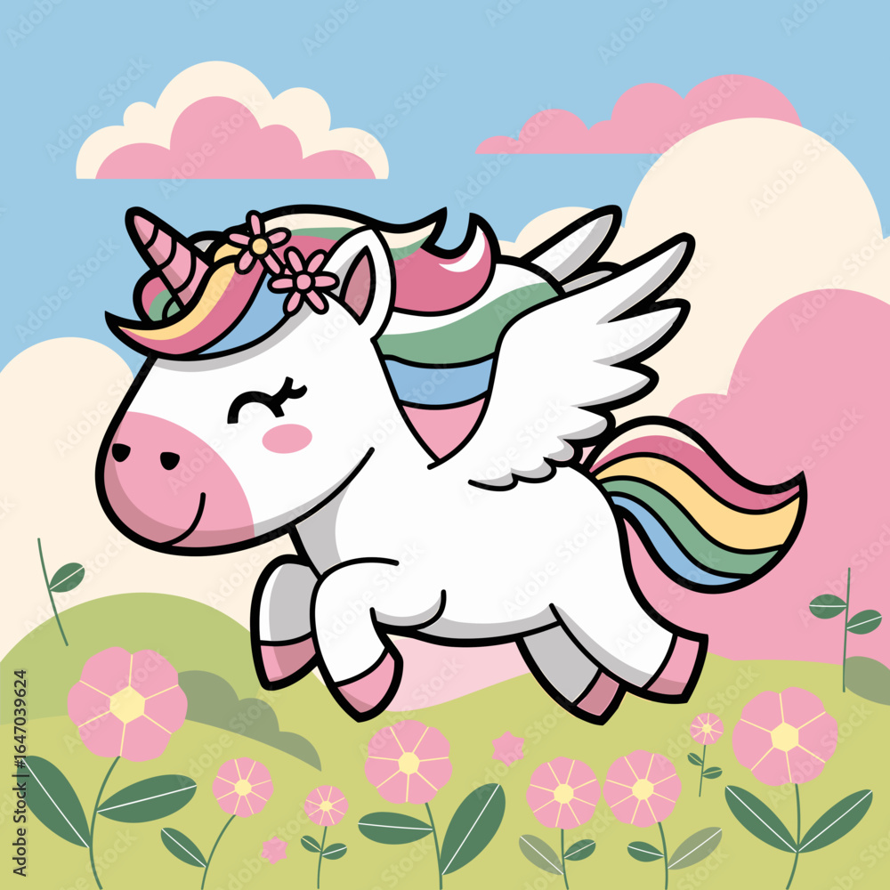 Fototapeta premium Flying kawaii unicorn with flower crown over pastel landscape – Great for children's books, fantasy branding, or whimsical merchandise