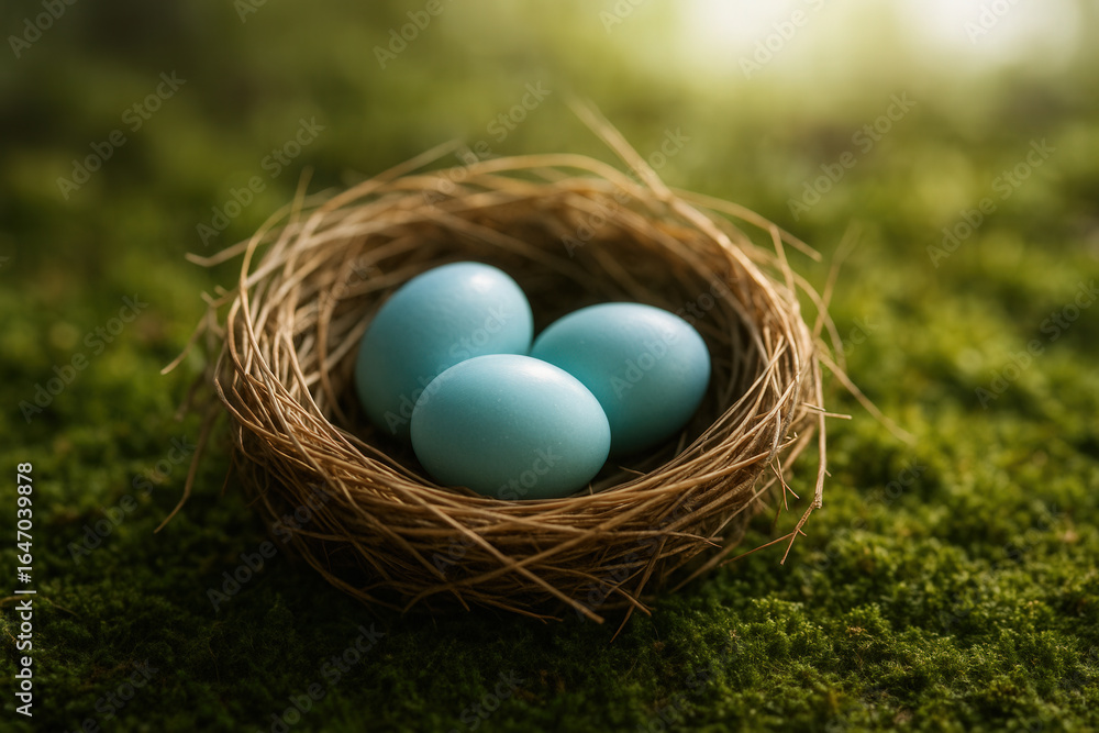 Obraz premium Bird Nest With Three Blue Eggs on Moss, Spring Symbol of New Life