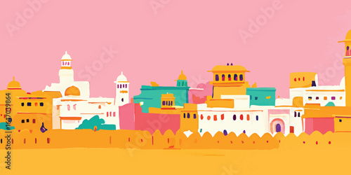 A vibrantly colored cityscape illustration presents a harmonious blend of architectural elements, showcasing the unique charm of a vibrant cultural hub.