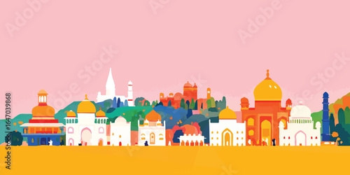 A vibrant illustration portrays a picturesque city skyline with diverse buildings and architecture. the image encapsulates a rich tapestry of global architectural heritage.