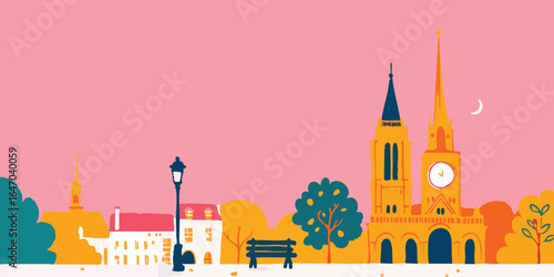 An elegant city skyline depicts a charming cityscape against a soft pink sky, capturing the allure of urban living.