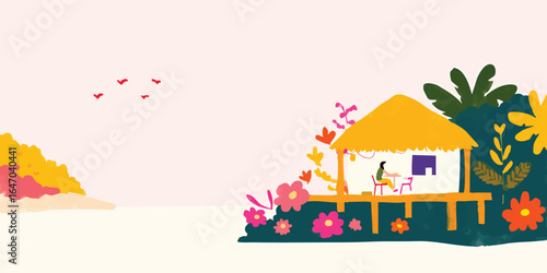 A vibrant illustration capturing the essence of a tropical getaway. A charming cabin, adorned with flowers and lush greenery, offers a serene escape by the sea, inviting the viewer to unwind.