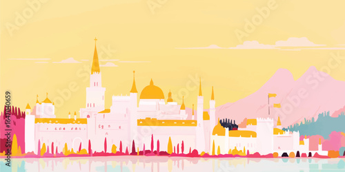 An illustration of an elegant city with towering structures and golden accents that evokes a sense of grandeur and cultural richness.