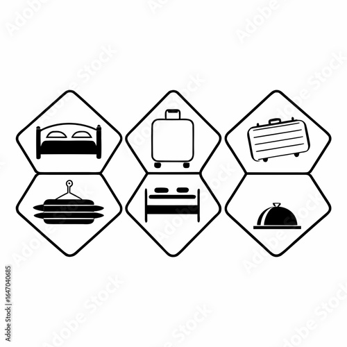 Illustration of hotel and travel related icons including bed, luggage, and food