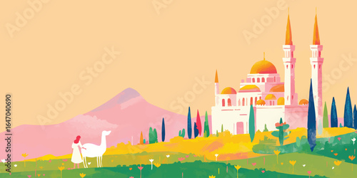 An illustration of a grand mosque and the surroundings with a person walking with an animal. It captures the tranquility and spirituality, creating an engaging artwork.