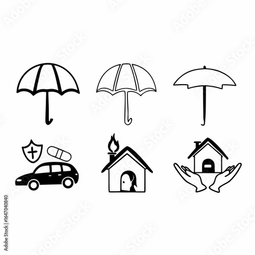 Insurance concept with umbrella protecting car, house, family, health, and other assets