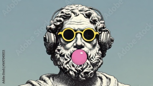 Statue wearing headphones and sunglasses blowing bubble gum on blue background.