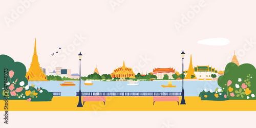 A scenic view featuring the river landscape with the city. The illustration conveys the beauty of urban architecture and vibrant surroundings. 