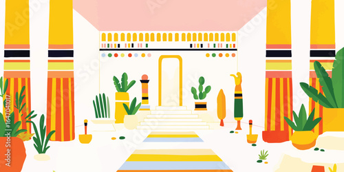 A vibrant, stylized illustration depicts an indoor scene. The artwork is minimalist, featuring geometric shapes and bold colors to create a visual appeal, evoking a sense of creativity.