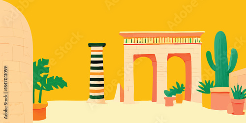 A vibrant illustration of a desert scene unfolds, showcasing architectural elements and lush plants set against a warm backdrop, evoking a sense of serenity and exoticism.