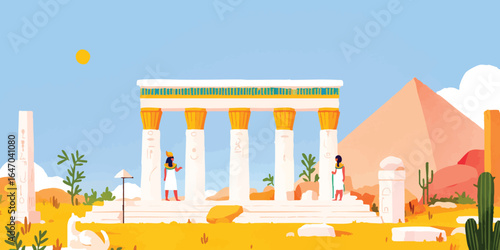 A digital illustration of ancient Egyptian civilization, featuring a temple with columns, a pyramid, and figures set against a desert landscape.