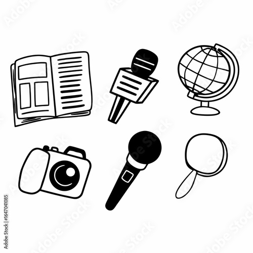 Illustration of media equipment, including a book, microphone, globe, camera, and magnifier isolated on white background
