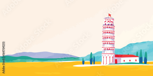 A stunning watercolor illustration of the iconic Leaning Tower of Pisa, a symbol of architectural marvel and Italian heritage. Nestled amidst a picturesque landscape of rolling hills and clear skies.