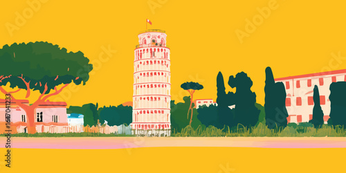 A vibrant depiction of the Leaning Tower of Pisa, showcasing the iconic architectural marvel under a vivid, cloudless sky. The artful representation highlights the beauty of this travel destination.