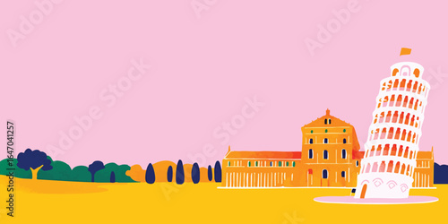 An architectural wonder, the iconic leaning tower of Pisa, stands gracefully amidst a stylized cityscape, painted with vibrant colors, capturing the essence of Italian charm.