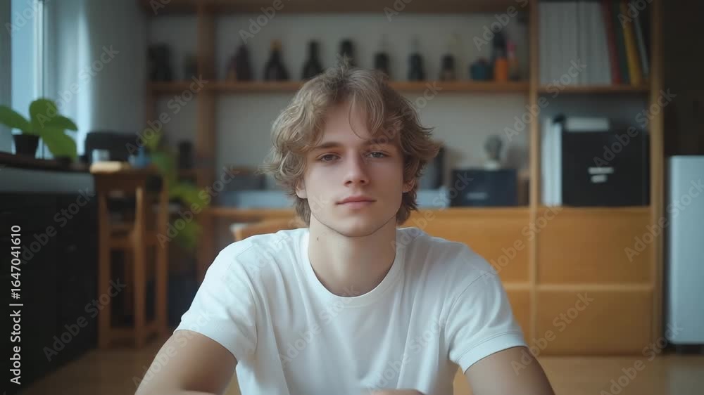 Young man sitting indoors with thoughtful expression in casual attire Young man sitting indoors with thoughtful expression in casual attire