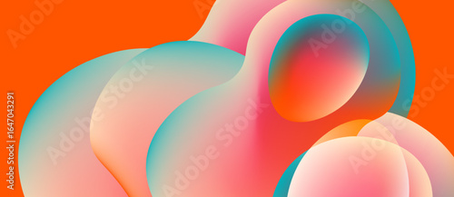 Abstract fluid shapes blend, creating vibrant color gradients. Orange background contrasts soft pinks, blues, turquoise hues. Smooth transitions define forms.