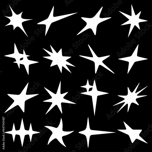 Set of Hand-Drawn Starburst Shapes on Black Background