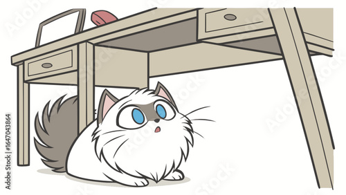 Cute cartoon ragdoll cat under desk illustration vector drawing adorable pet animal domestic feline design artwork
