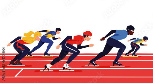 Diverse group of male and female speed skaters in colorful uniforms competing in a dynamic race.