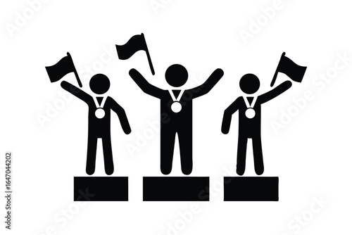 Winner Podium Silhouette Icons with Medals and Flags
