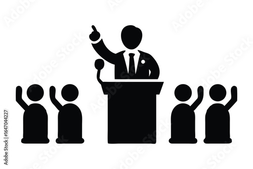 Business Leader Giving Speech at Podium Silhouette – Political Rally Crowd Vector | 