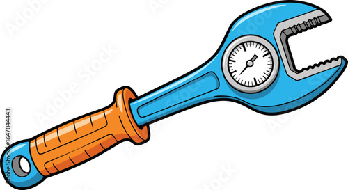 Cartoon adjustable wrench with pressure gauge and orange grip, angled view