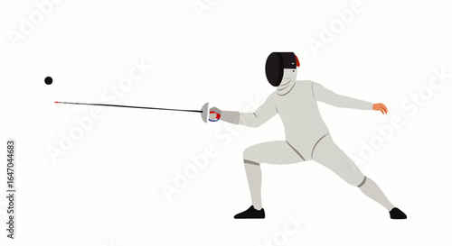 Fencing Athlete in Action Dynamic Pose Foil Weapon Protective Gear.