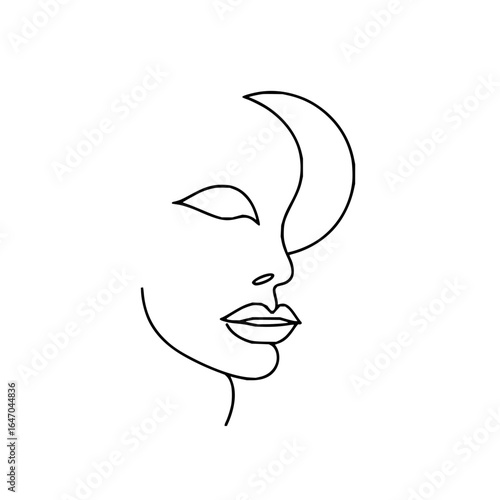Line art drawing of a woman's face in profile with a crescent moon shape as part of the hairstyle design