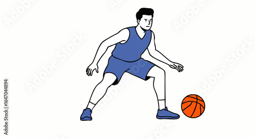 Focused male basketball player in a blue uniform dribbling minimalist line art style.