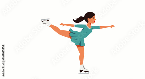 Graceful female figure skater in a turquoise dress performing an arabesque pose.