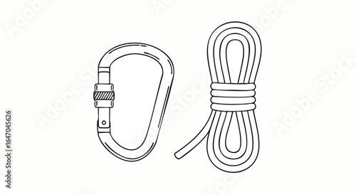 Hand-drawn line art of climbing gear, featuring a screw-lock carabiner and a coiled rope.