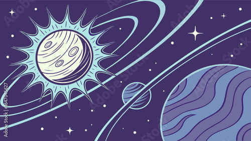 Explore the cosmos with this vector art of planets stars and rings in a galaxy far far away vector